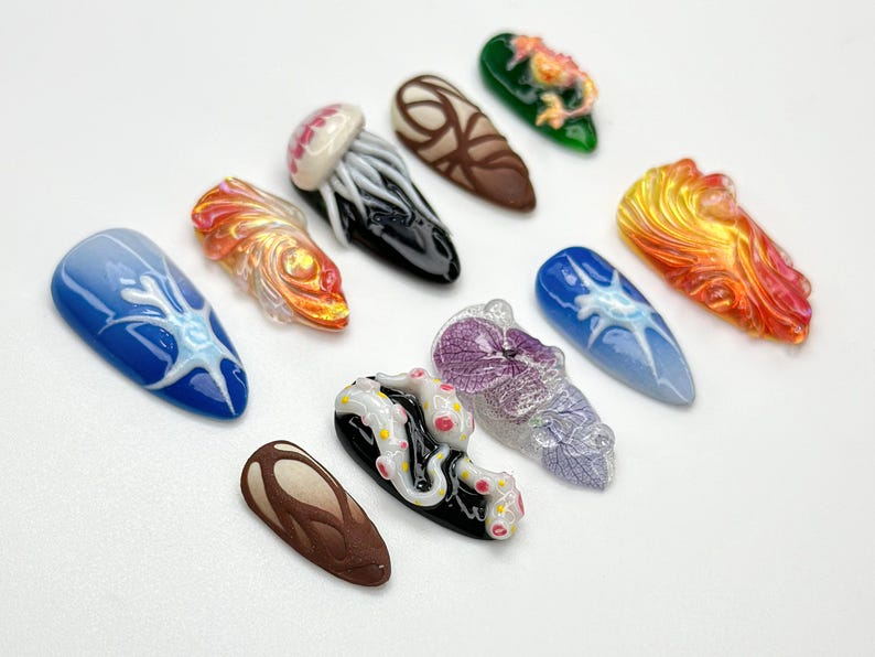 Deep Sea Press On Nails | Handmade Sea Life & Galaxy-Inspired Nail Art | 3D Jellyfish, Neurons, Ocean Fantasy Set | Handmade Nails | JB789HC