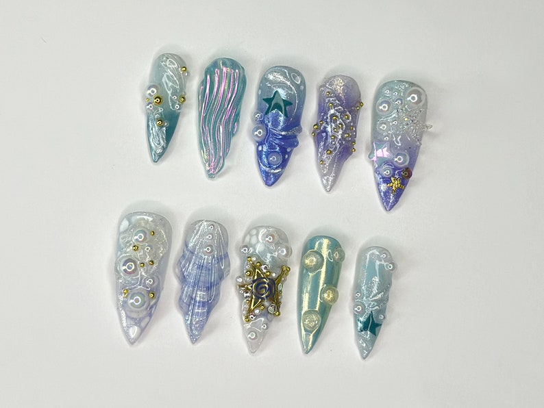 3D Tropical Beach Long Stiletto Nails | Ocean-Themed with Seaweed, Seashells, and Starfish | Handmade Press On Nails | JB328SL