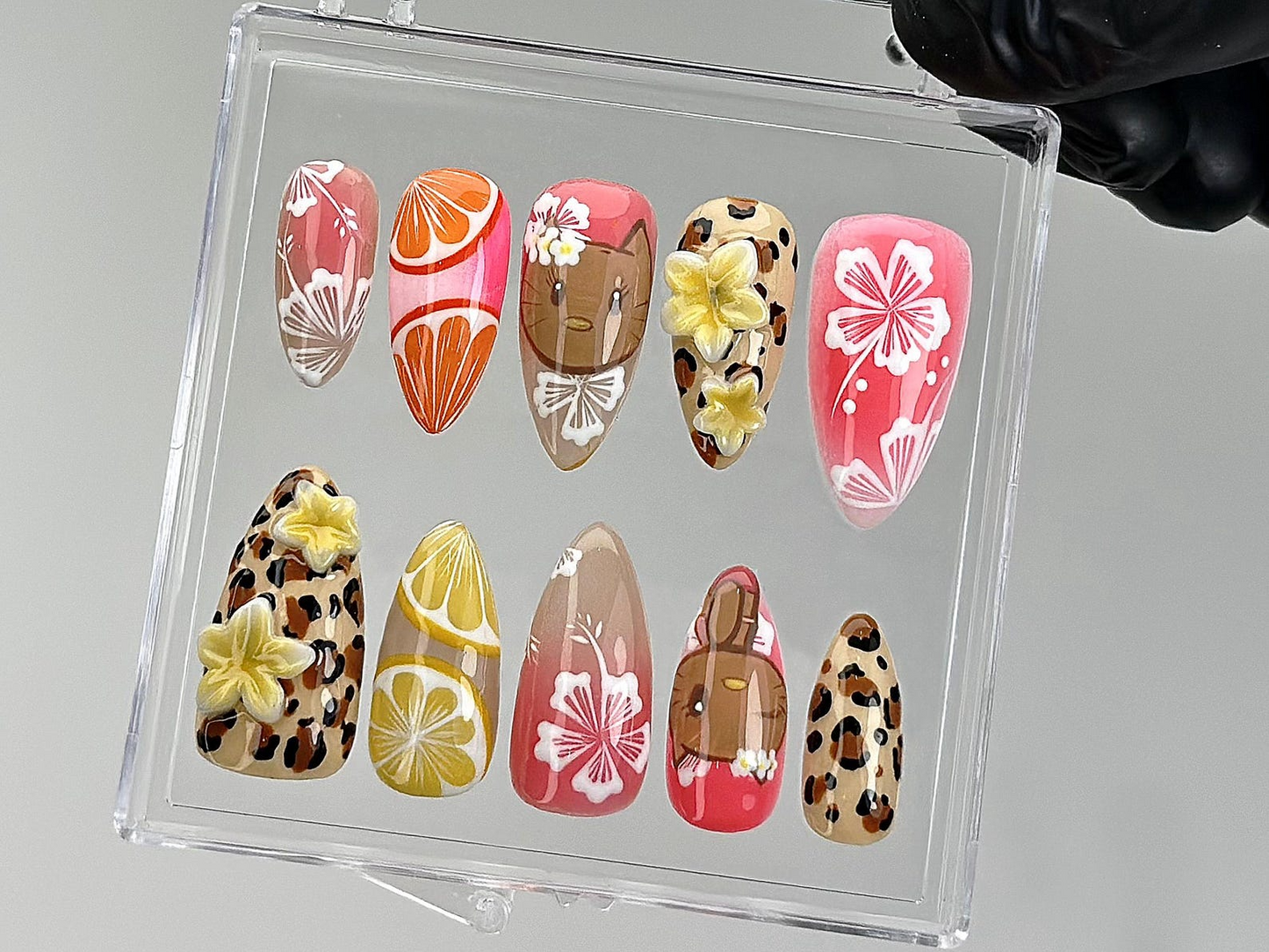Tropical Summer Press On Nails | 3D Hibiscus, Citrus Design Fake Nails | Handmade Vacation Nail Art | Luau Beach Press Ons | Summer |HB878YC