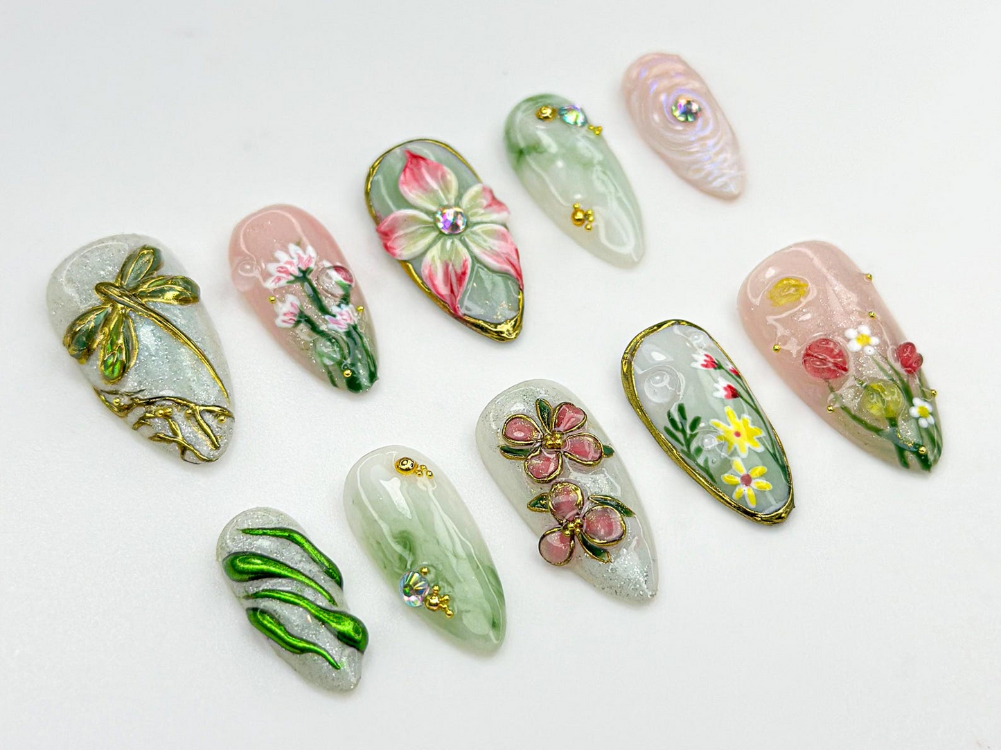 Elegant Flower Garden Press On Nails | 3D Wildflower & Dragonfly Nails | Nature-Inspired Floral Nail Art | Elegant Spring Press Ons |JC816HC