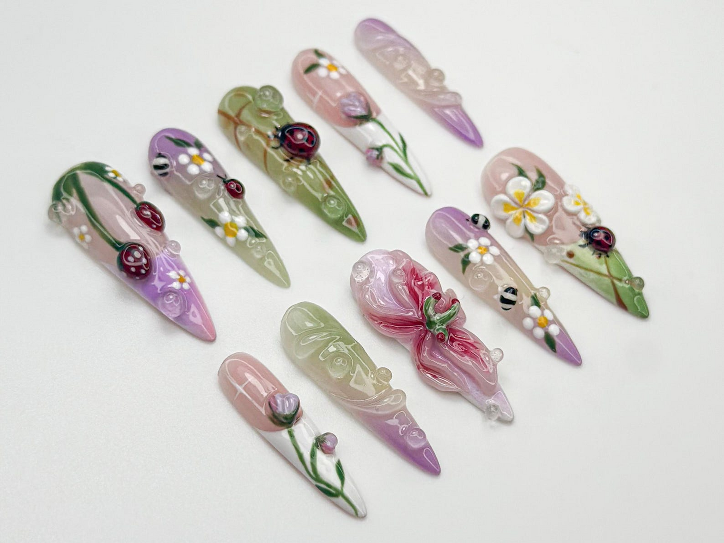 Pastel 3D Ladybug Press On Nails | 3D Floral Garden Nail Art | Cute Spring Nature Nails | Whimsical Bug Nail | Garden Bloom Design | JB800HC