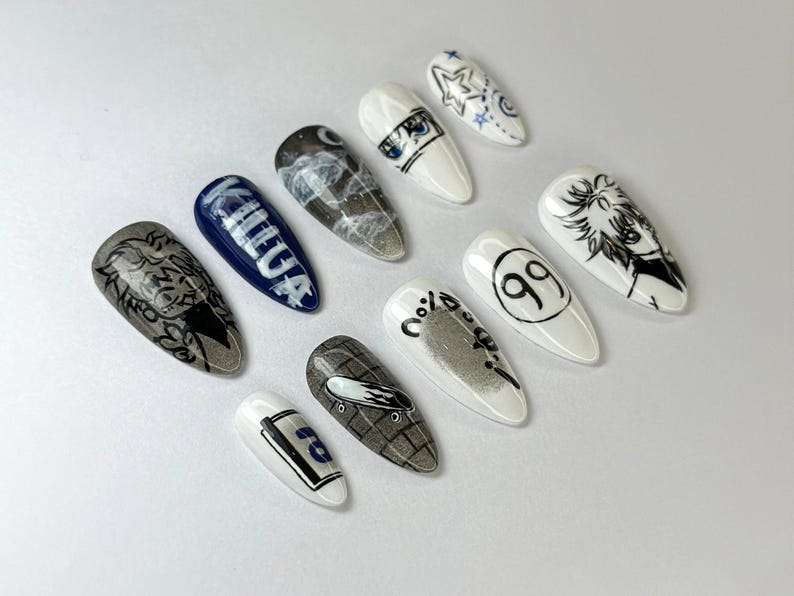 Killua Zoldyck Anime Press On Nails | Hunter x Hunter Nail Art | Unique Killua-Inspired Nail Art | Manga Black & White Nail Set | JB708HC