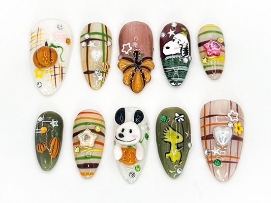 Cute Autumn Press-On Nails| 3D Cartoon & Rustic Style | Hand-Painted Nail Art | Unique Fall Nail Art | Autumn-Themed Press-On Nails|JB588LC