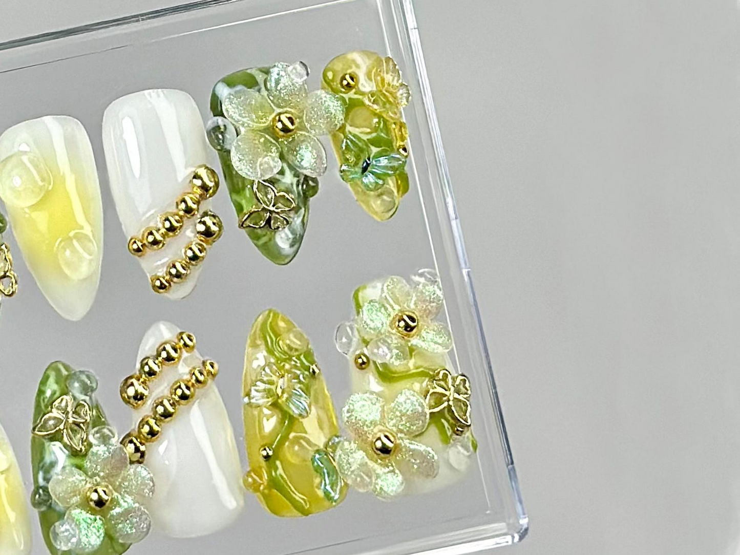 Nature Aesthetic Press On Nails | Wedding Ready Floral Fake Nails | Glass Effect Botanica Nail Art | 3D Floral Almond Nails | HB770YC
