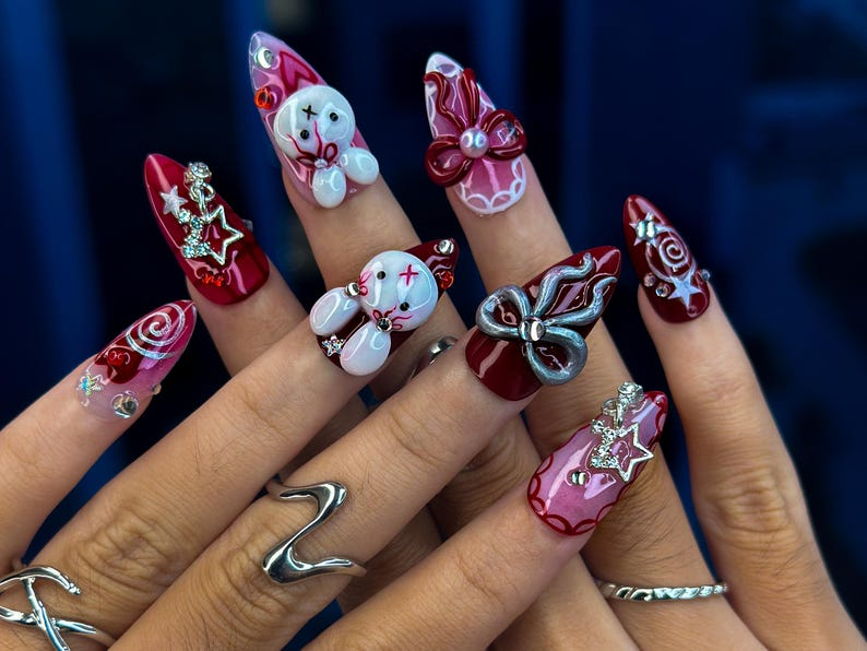 Merry Bunny Christmas Press On Nails | Red And Pink Festive Nail Art | 3D Bunny & Bow Charms | Starry Holiday Glam Nails | HB1177BC
