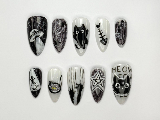 Alien Cat-Themed Press-On Nails | Cute Creepy Goth Nail Art | Cat Alien Aesthetic | Black Cat & Star Nail Set | Horror Nails | JB736HC