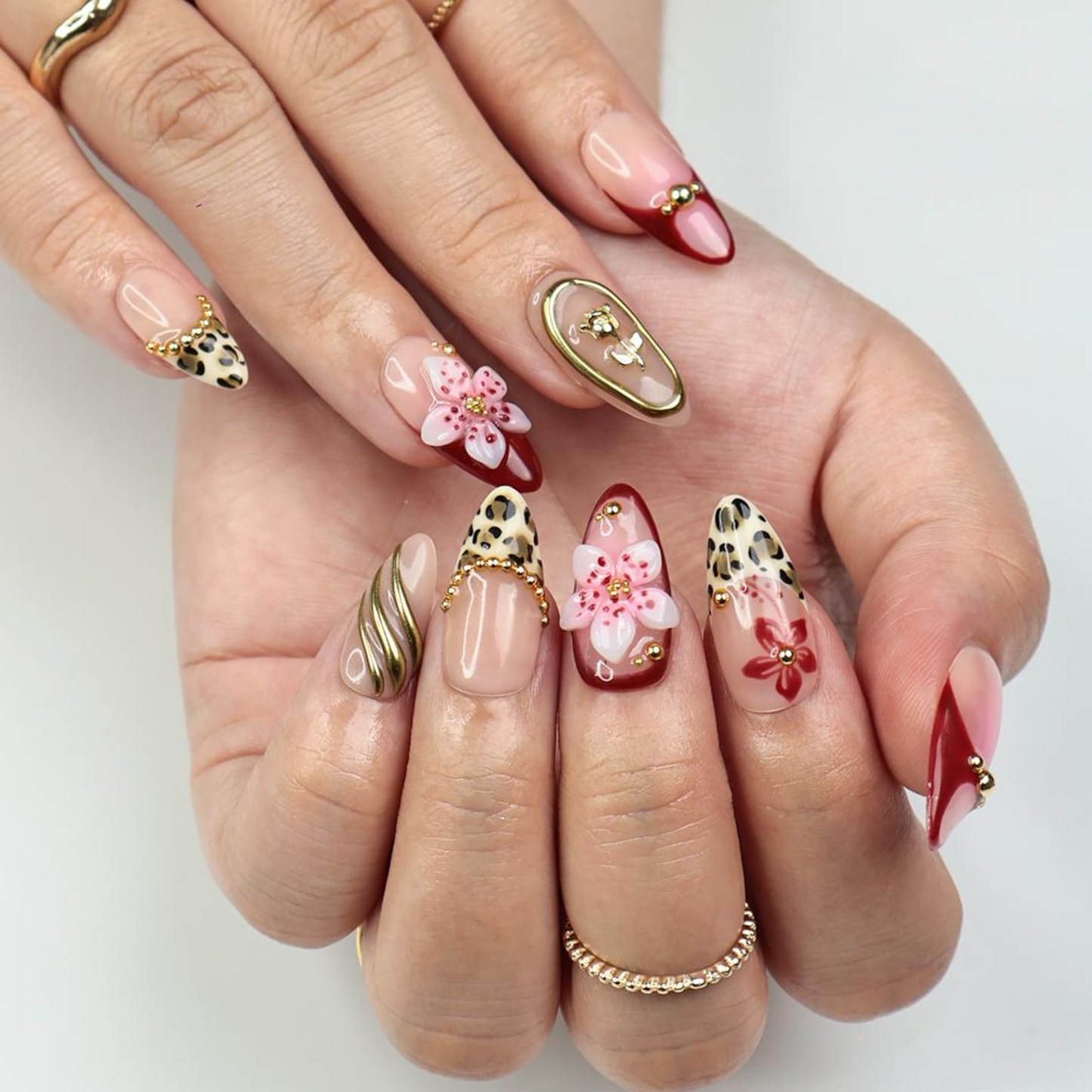 Chic Animal Print Almond Press On Nail with Gold Accents, 3D Red Floral Details, Handmade Nails for a Bold & Elegant Look or Gift for Her