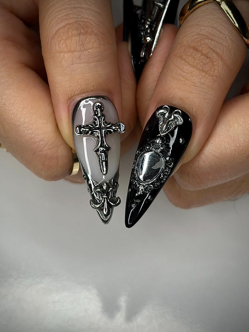 Gothic Silver Sword Press On Nails | 3D Cross & Dagger Nail Art | Handmade Dark Fantasy Nails | Medieval Armor Inspired Press Ons | JB159HK