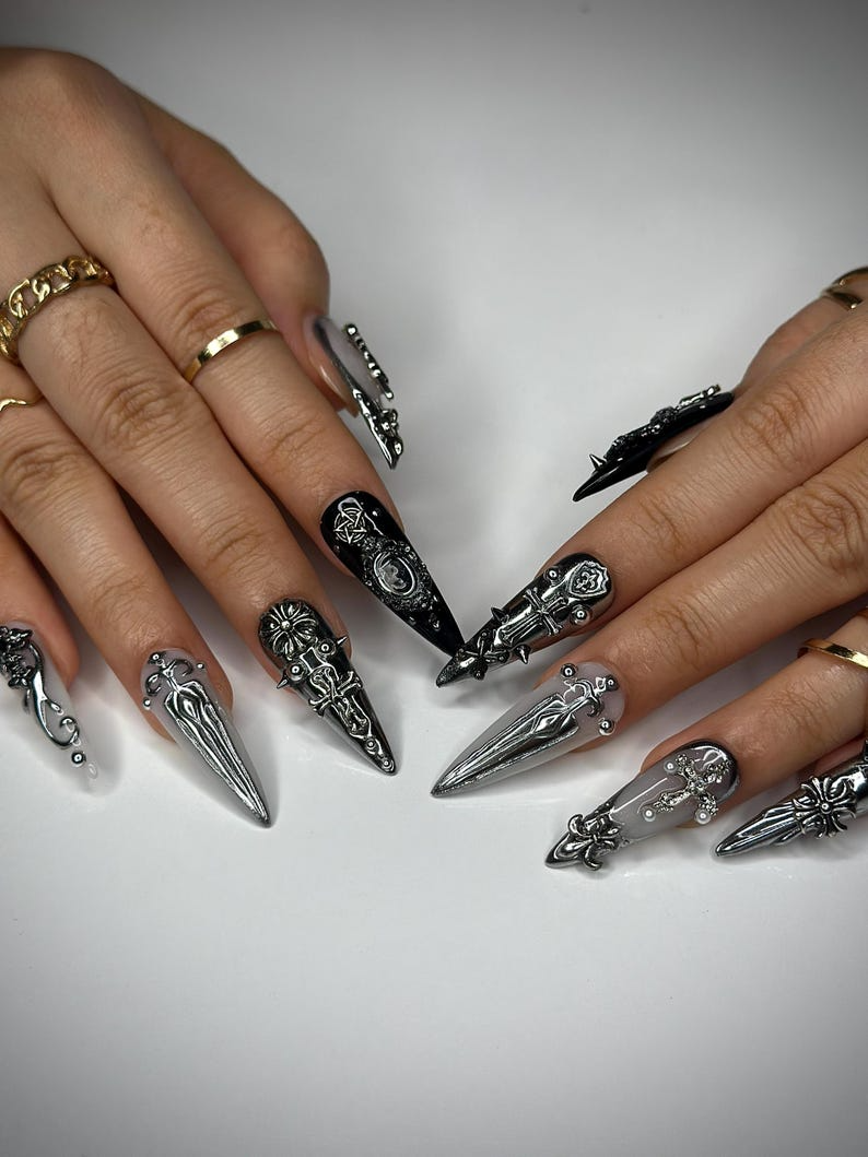 Gothic Silver Sword Press On Nails | 3D Cross & Dagger Nail Art | Handmade Dark Fantasy Nails | Medieval Armor Inspired Press Ons | JB159HK