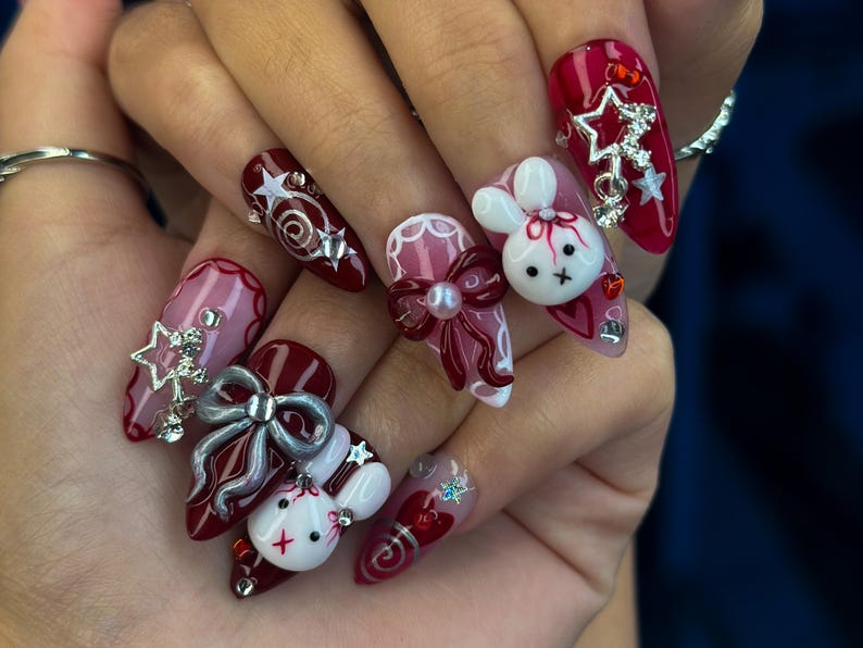 Merry Bunny Christmas Press On Nails | Red And Pink Festive Nail Art | 3D Bunny & Bow Charms | Starry Holiday Glam Nails | HB1177BC