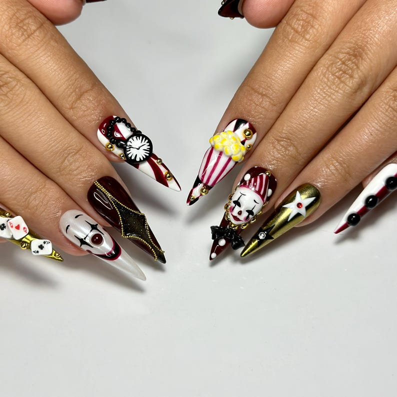 Halloween Circus Press On Nails | Spooky Clown Faces Nail Art | Gothic Harlequin Fake Nails | 3D Popcorn & Casino Press Ons | DB729YC
