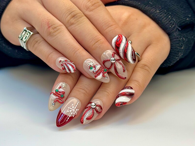 Christmas Candy Cane Press On Nails by DoryNails • Red Chrome Bow & Snowflake Nail Art • Holiday Party Nails • Gift for Her • HB1188BC
