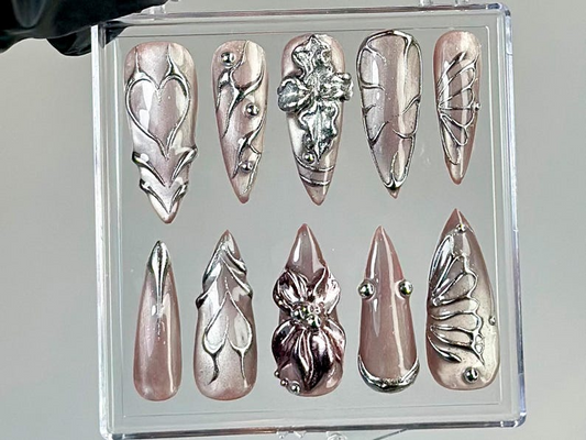 Metallic Chrome Press On Nails | Butterfly Wings Press Ons | Shiny Silver Fake Nails | Elegant Metallic Nail Art |Gothic, Y2K Nails |HB755YK