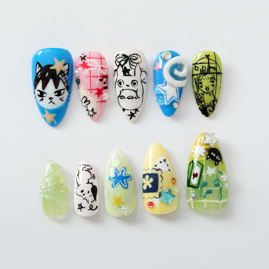 Whimsical Cartoon Press On Nails | Unique Cartoon Nail Art | Hand-Decorated with Cute Characters | Trendy Cartoon and Anime Designs |JB514HC
