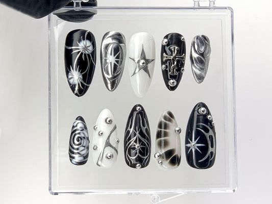 Elegant Gothic Press On Nails | 3D Designs with Cross, Star, Spiral Acrylic Nails | Monochrome Nail Art | Y2k Nails | Custom Nails | HD552YL
