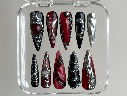 Gothic Chrome Press On Nails | Deep Red & Black 3D Design | Metallic Silver Accents | Spiky Statement Fake Nails | HD560BK