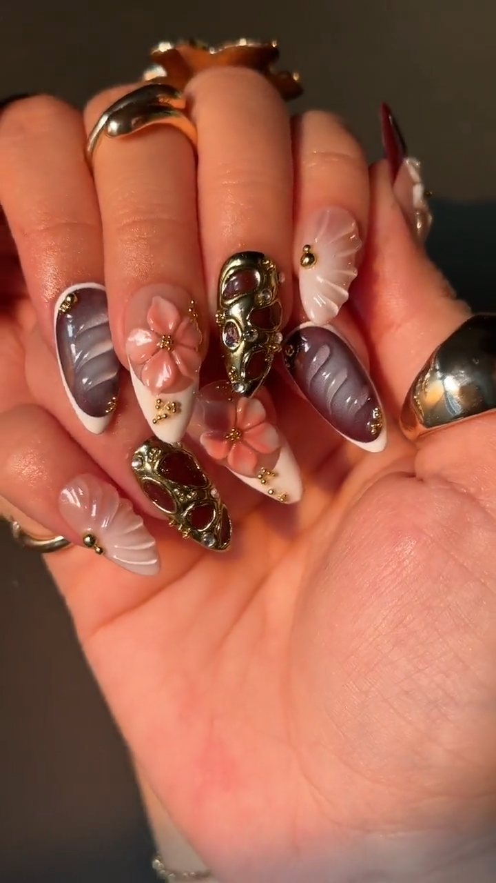 Burgundy Fall Press On Nails | 3D Pink & White Floral Nail Art | Handmade Statement Nail Design | Elegant Glam Press Ons | HC1086HK