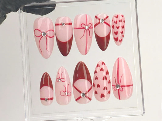 Romantic Red Bow And Heart Press On Nails | Love-Themed Acrylic Nails | Romantic Nail Design | Cute Nail Press Ons | Gift For Her | HD574Y