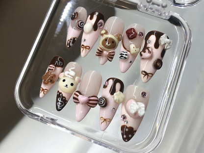 Cute Dessert Press On Nails | 3D Sweets And Bear Designs with Bow Fake Nails | 3D Chocolate, Candy Acrylic Nails | Kawaii Nails | HB549Y