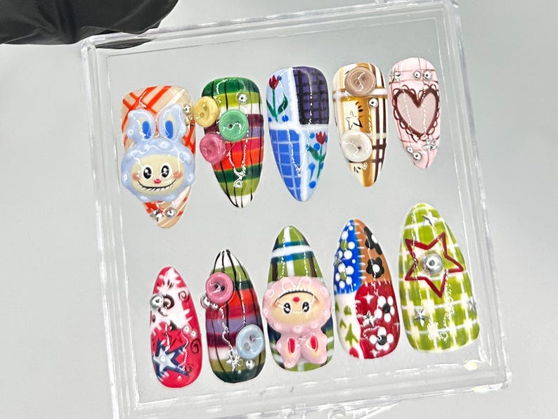 Labubu Patchwork 3D Short Press On Nails | Unique Kawaii Fake Nails | Colorful 3D Nail Art | Hand-Painted Labubu False Nails | HB707YC