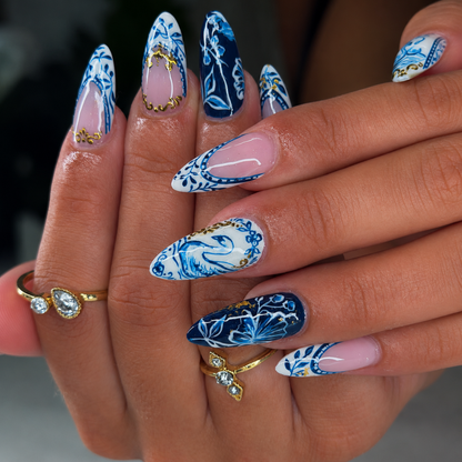 Delft Blue Press On Nails | Luxury Ceramic Porcelain Stiletto Fake Finger | Swan Gold Chrome Royal Vintage Summer Manicure | OB3KL