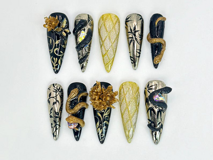 Unique Snake-Inspired Press On Nails | Handmade Snake-Inspired Black & Gold Nail Set | Elegant 3D Snake Design | Long Stiletto Nail |JB637HC