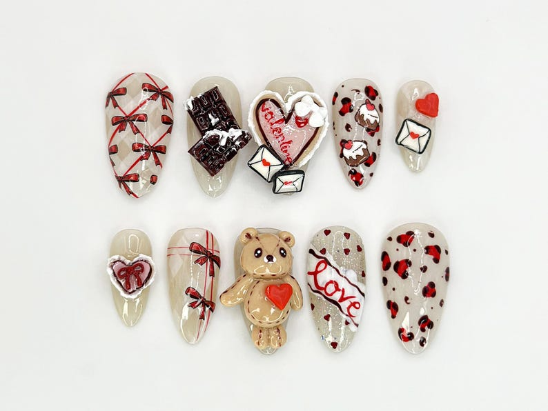 3D Teddy Valentine Press On Nails | Cute Teddy Bear and Hearts Design | Handmade 3D Nail Set | 3D Valentine Nail Art |JB632HC