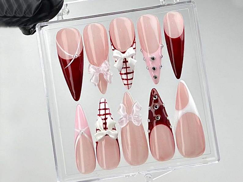 Elegant Pink Press On Nails | Nail Set With Gentle Designs | Cute Bow Nail Art | Adorable 3D Raised Art | HC258YK