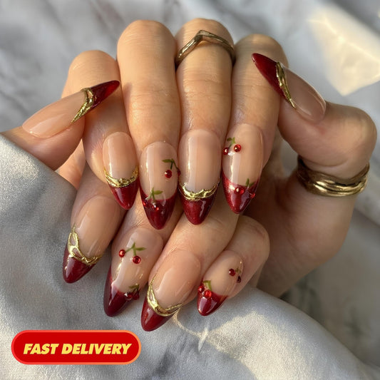Vampy Cherry Press On Nails | Gold Swirl French Tip | Deep Red Y2K Summer | Bold Date Night Vacation | Custom Shape Handmade Set | OB1354DK