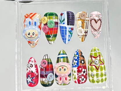 Labubu Patchwork 3D Short Press On Nails | Unique Kawaii Fake Nails | Colorful 3D Nail Art | Hand-Painted Labubu False Nails | HB707YC