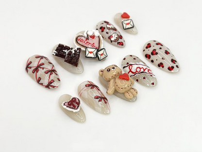 3D Teddy Valentine Press On Nails | Cute Teddy Bear and Hearts Design | Handmade 3D Nail Set | 3D Valentine Nail Art |JB632HC