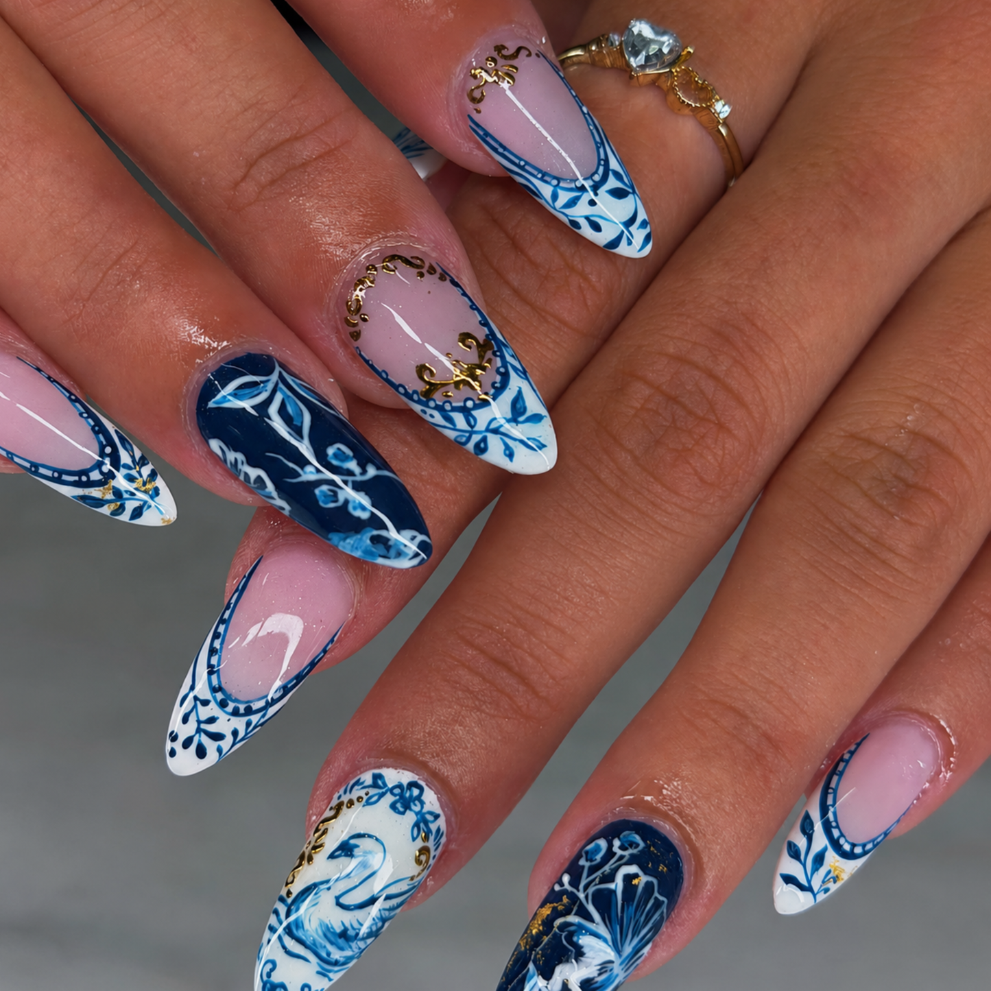 Delft Blue Press On Nails | Luxury Ceramic Porcelain Stiletto Fake Finger | Swan Gold Chrome Royal Vintage Summer Manicure | OB3KL