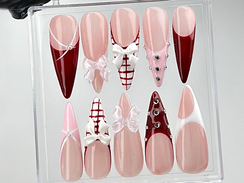 Elegant Pink Press On Nails | Nail Set With Gentle Designs | Cute Bow Nail Art | Adorable 3D Raised Art | HC258YK