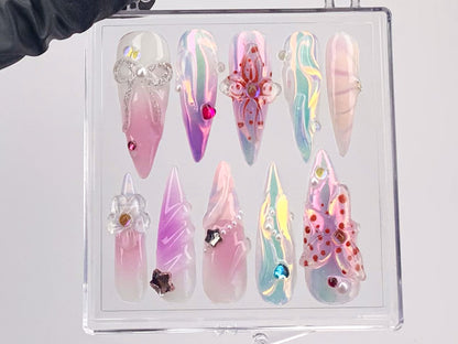 Shimmering 3D Press On Nails | Crystal And Floral Accents Acrylic Nails | Holographic Bow Design Nail Art | Pastel Fake Nails | HD578Y