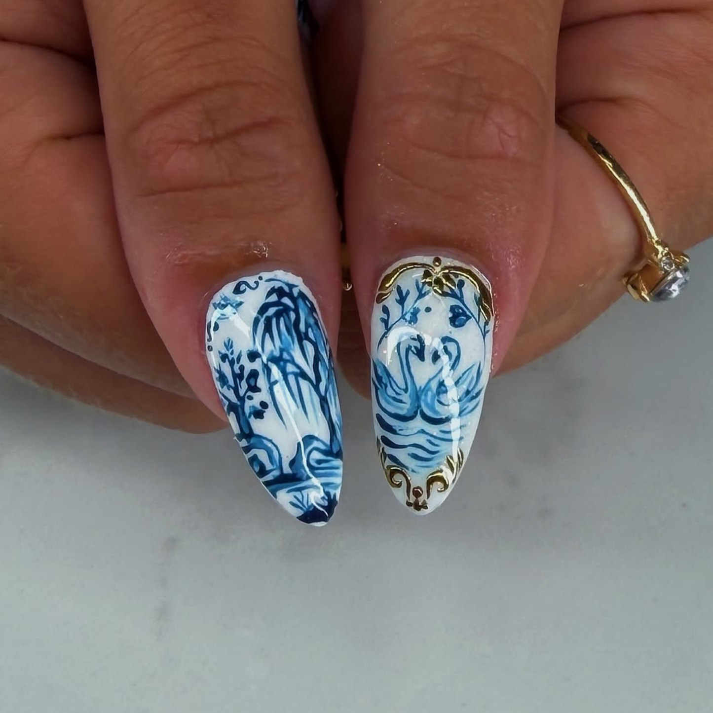 Delft Blue Press On Nails | Luxury Ceramic Porcelain Stiletto Fake Finger | Swan Gold Chrome Royal Vintage Summer Manicure | OB3KL