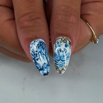 Delft Blue Press On Nails | Luxury Ceramic Porcelain Stiletto Fake Finger | Swan Gold Chrome Royal Vintage Summer Manicure | OB3KL