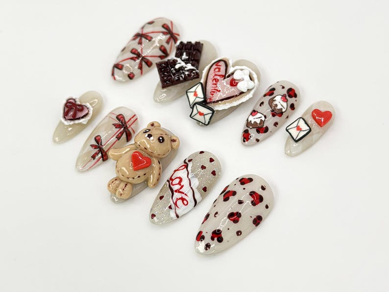 3D Teddy Valentine Press On Nails | Cute Teddy Bear and Hearts Design | Handmade 3D Nail Set | 3D Valentine Nail Art |JB632HC