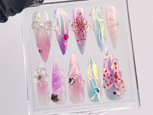 Shimmering 3D Press On Nails | Crystal And Floral Accents Acrylic Nails | Holographic Bow Design Nail Art | Pastel Fake Nails | HD578Y