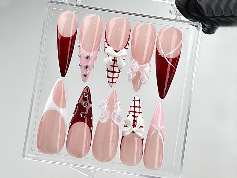 Elegant Pink Press On Nails | Nail Set With Gentle Designs | Cute Bow Nail Art | Adorable 3D Raised Art | HC258YK