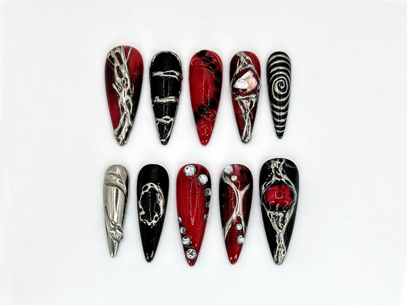 Unique Gothic-Inspired Long Stiletto Nails | Edgy Black & Red Metallic Nails | Long Stiletto with Silver Details | Gothic Style | JB589HK