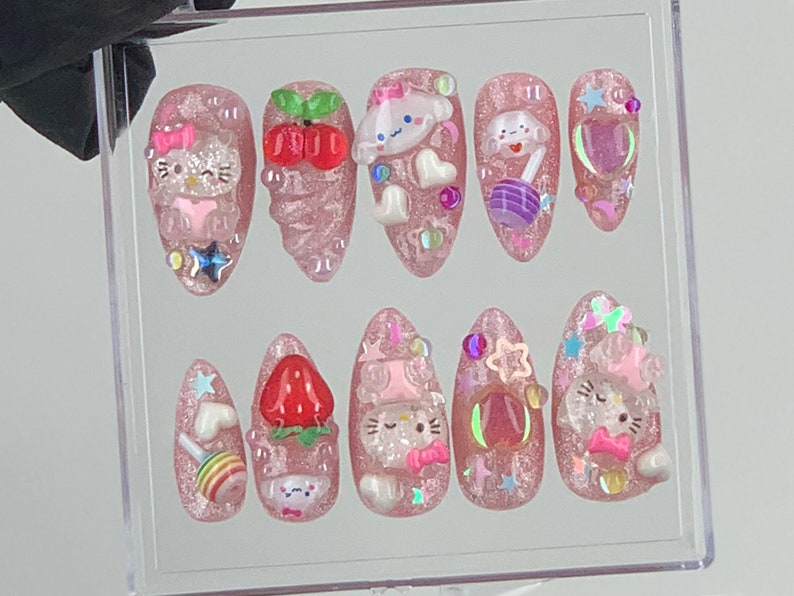 Cute 3D Cartoon Press-On Nails | Kawaii Glitter Pink Nail Art | Hello Kitty And Strawberry Themed Acrylic Nails | Nail Charms |Custom|HB575Y