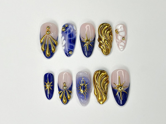 Luxurious Gold and Blue Press On Nails | Handcrafted Press On Nails with Elegant Shell and Star Designs | Perfect Choice for you | JC309SL