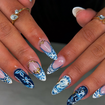 Delft Blue Press On Nails | Luxury Ceramic Porcelain Stiletto Fake Finger | Swan Gold Chrome Royal Vintage Summer Manicure | OB3KL