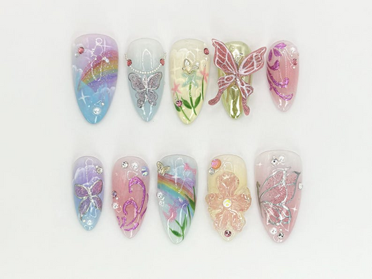 Nature-Inspired Floral Press-On Nails | Floral And Butterfly Long Nails | Butterfly And Glitter Nails | Hand-Painted Nail Art | JB634HC