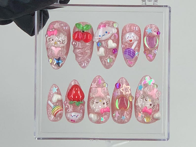 Cute 3D Cartoon Press-On Nails | Kawaii Glitter Pink Nail Art | Hello Kitty And Strawberry Themed Acrylic Nails | Nail Charms |Custom|HB575Y