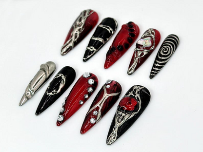 Unique Gothic-Inspired Long Stiletto Nails | Edgy Black & Red Metallic Nails | Long Stiletto with Silver Details | Gothic Style | JB589HK