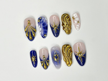 Luxurious Gold and Blue Press On Nails | Handcrafted Press On Nails with Elegant Shell and Star Designs | Perfect Choice for you | JC309SL