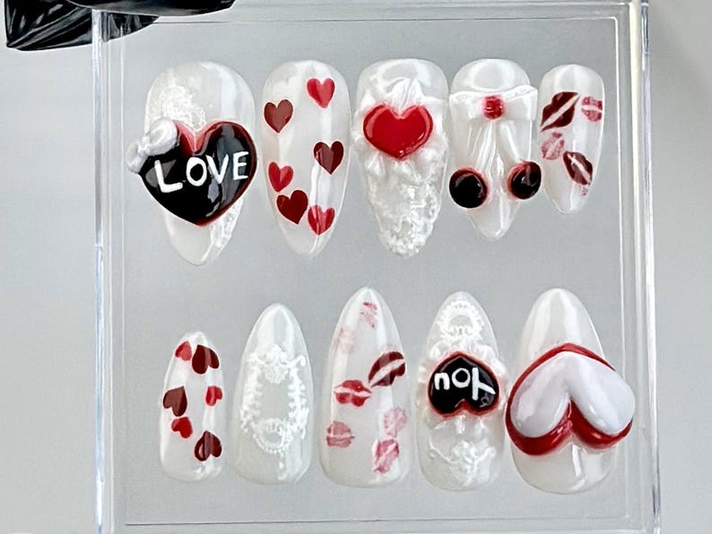 Valentine's Day Almond Nails | Romantic Heart & Lace Nail Art | Love-Inspired Fake Nails | Reusable Love Design False Nails | HB731YC