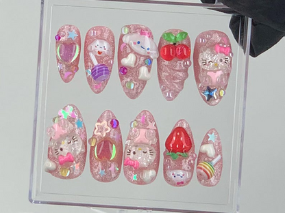 Cute 3D Cartoon Press-On Nails | Kawaii Glitter Pink Nail Art | Hello Kitty And Strawberry Themed Acrylic Nails | Nail Charms |Custom|HB575Y