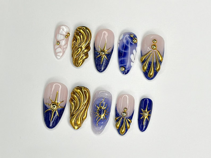 Luxurious Gold and Blue Press On Nails | Handcrafted Press On Nails with Elegant Shell and Star Designs | Perfect Choice for you | JC309SL